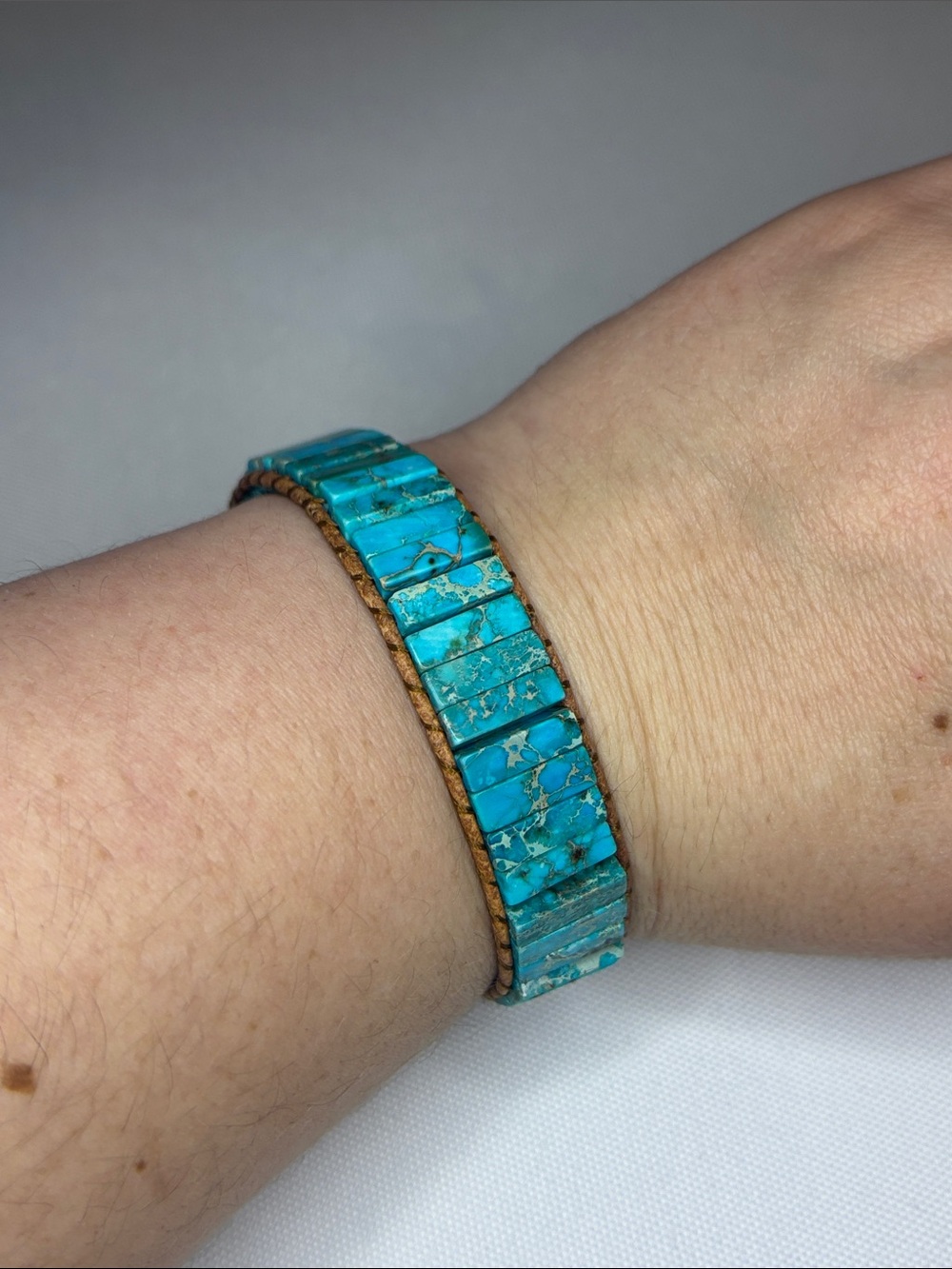 Imperial Jasper dyed turquoise stone panel bracelet adjustable
